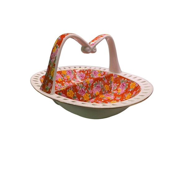 Jay & Sons Ceramic Basket Divided  w/ Handle Red White Floral Gold Rim - Picture 15 of 15
